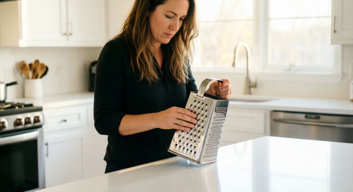 OXO Softworks box grater — lifestyle photo showing OXO Softworks Black Stainless in use