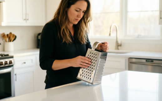 OXO Softworks box grater — lifestyle photo showing OXO Softworks Black Stainless in use