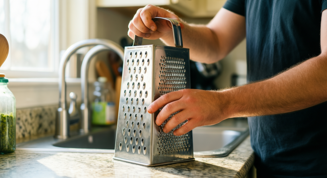 Oster Bluemarine 9-inch box grater — lifestyle photo showing Oster Bluemarine 9-Inch 4-Sided in use
