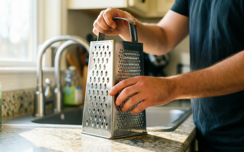 Oster Bluemarine 9-inch box grater — lifestyle photo showing Oster Bluemarine 9-Inch 4-Sided in use