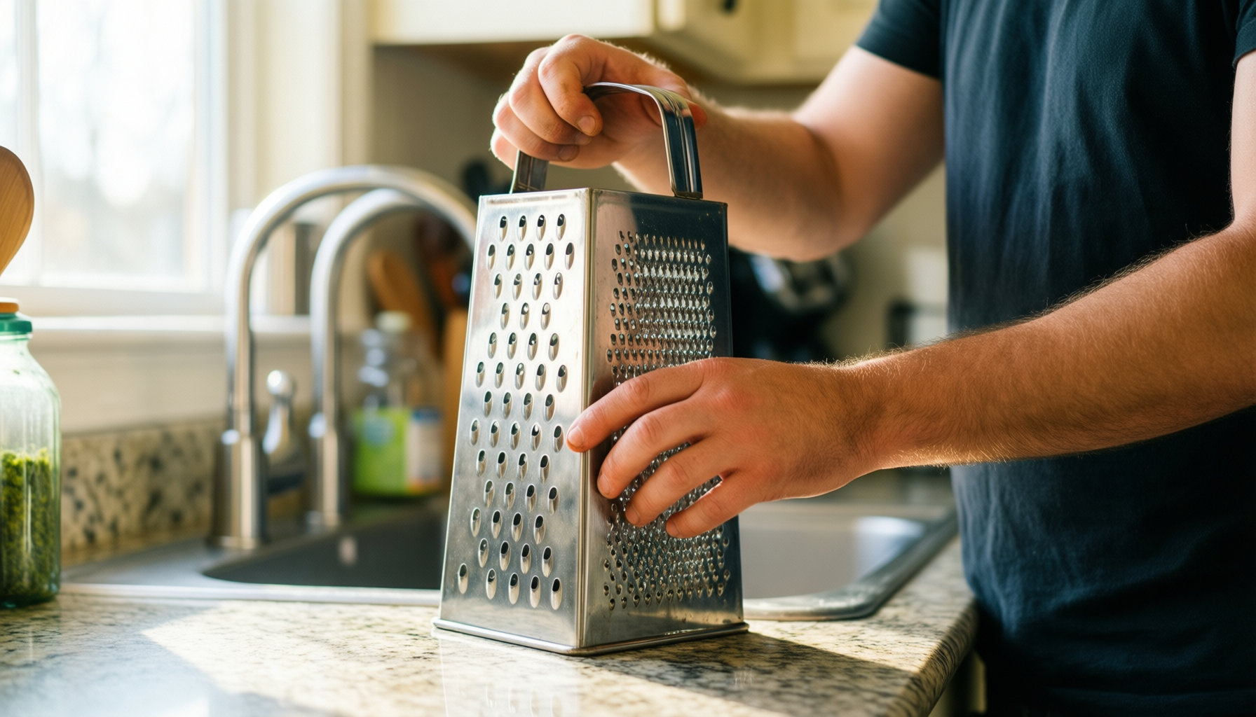Oster Bluemarine 9-inch box grater — lifestyle photo showing Oster Bluemarine 9-Inch 4-Sided in use