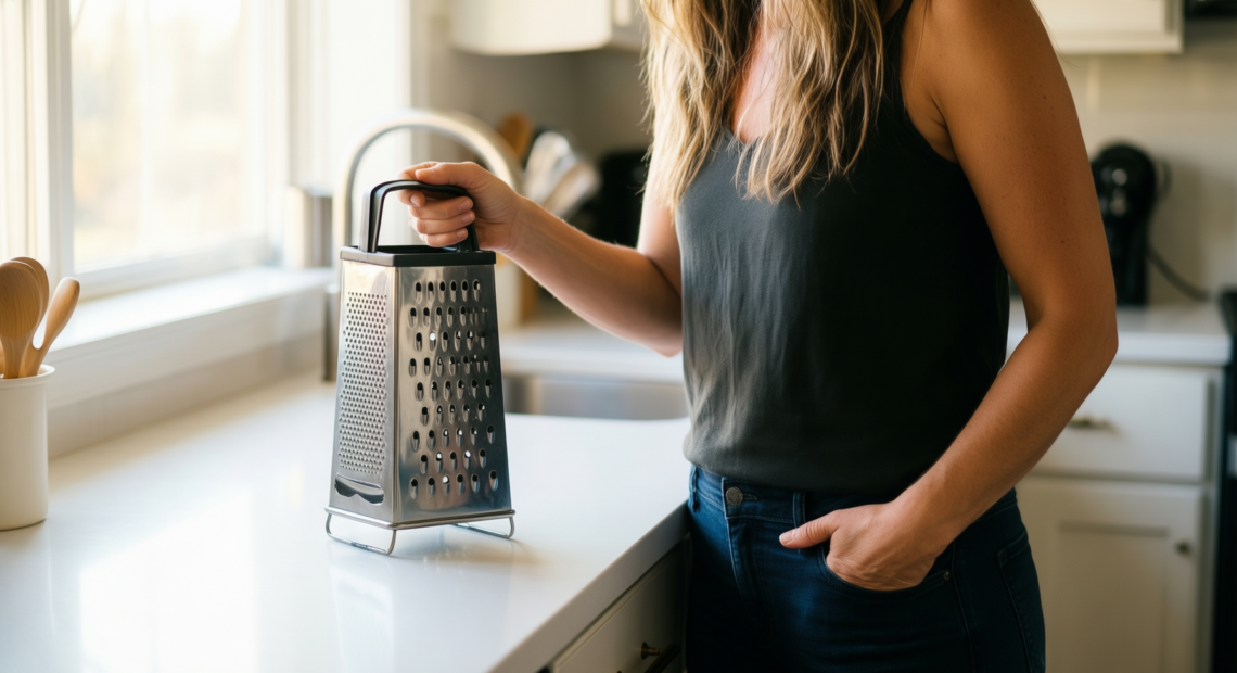 oneida good cook box grater — lifestyle photo showing Oneida Kitchenware Good Cook in use