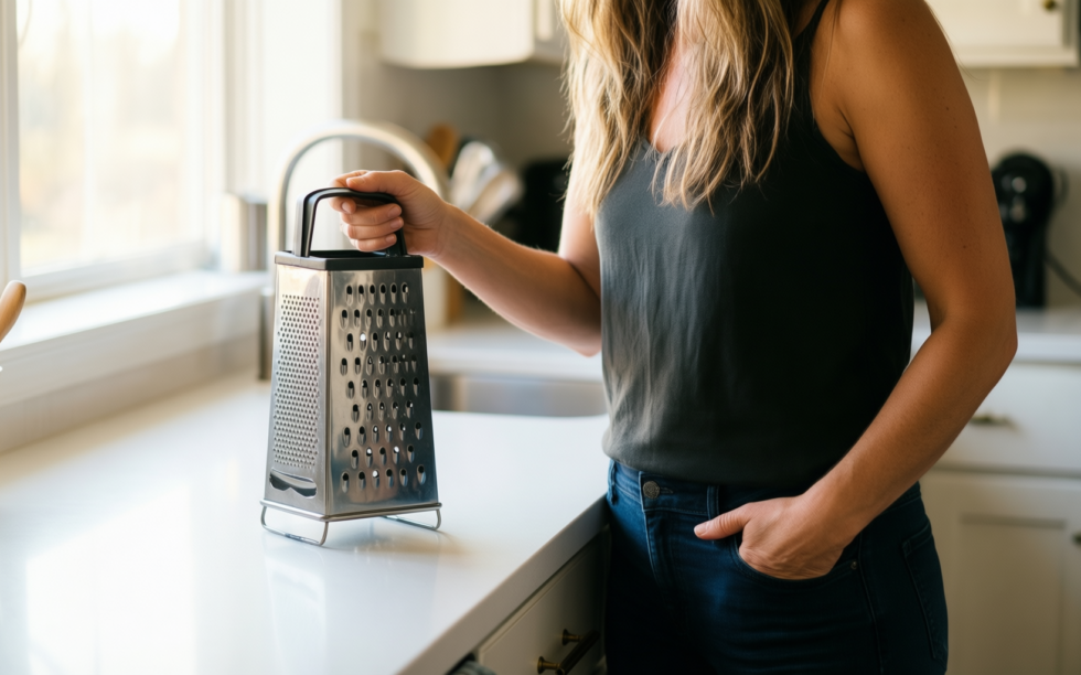 oneida good cook box grater — lifestyle photo showing Oneida Kitchenware Good Cook in use