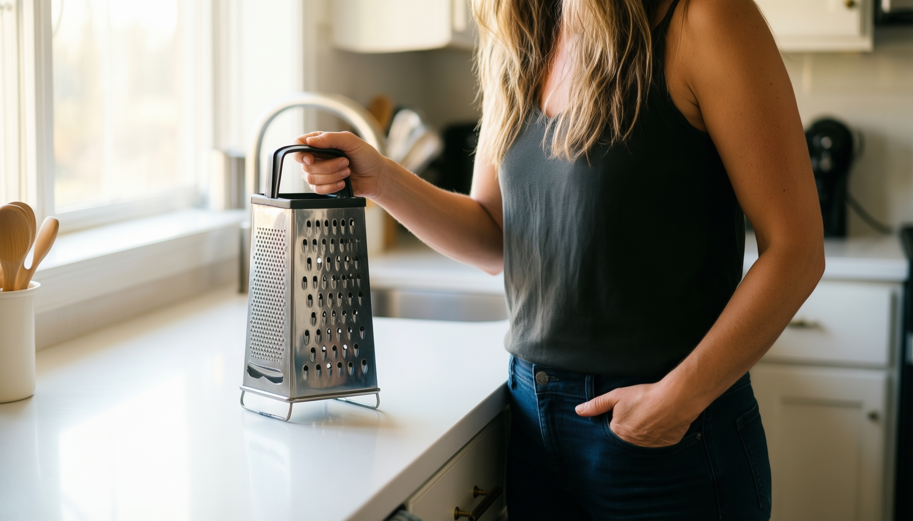 oneida good cook box grater — lifestyle photo showing Oneida Kitchenware Good Cook in use