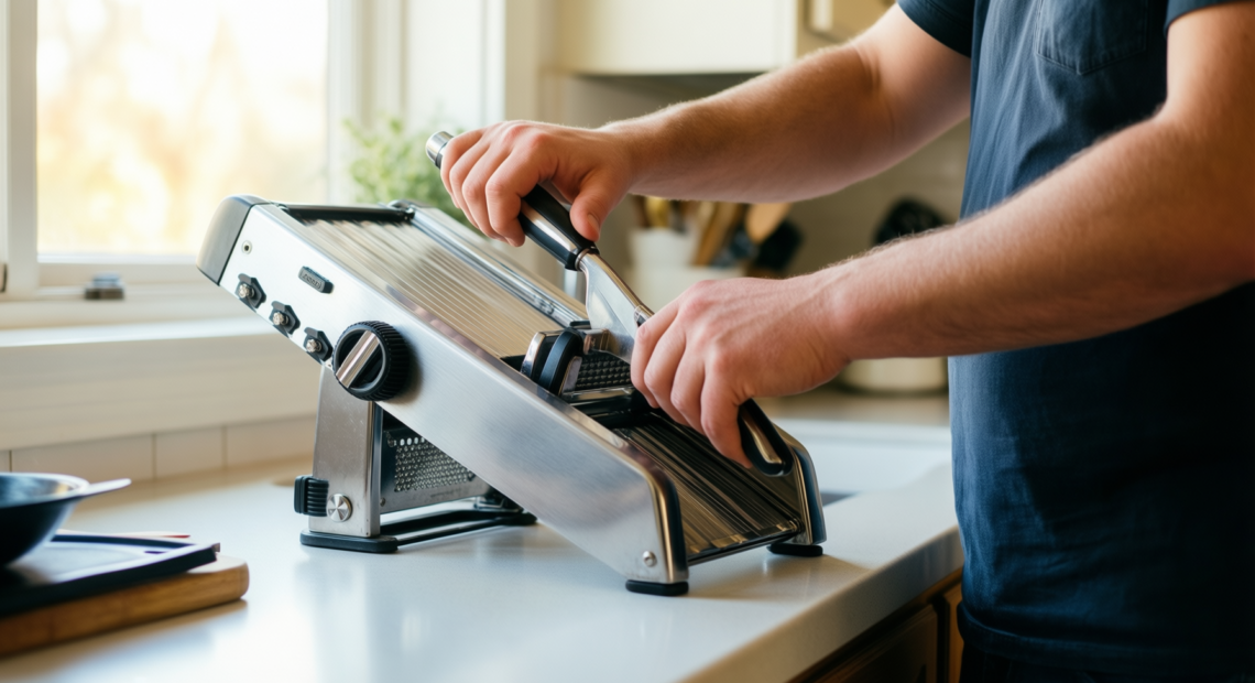 best mandoline slicer uk — lifestyle photo showing Mandoline Slicer : Amazon.co.uk: in use