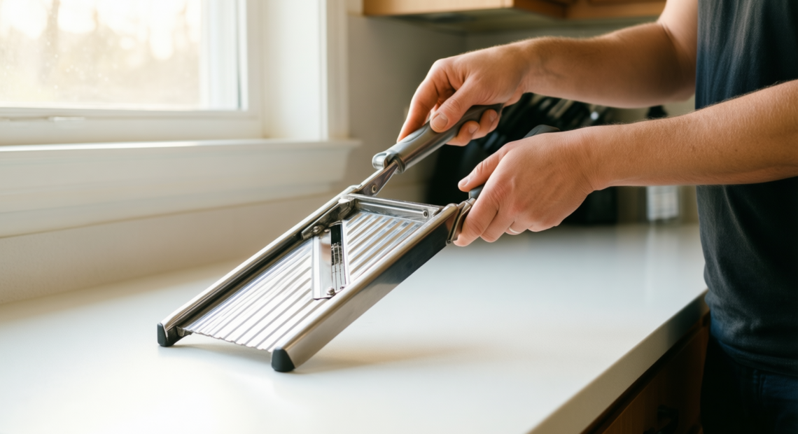 japanese mandoline slicer — lifestyle photo showing Japanese Mandoline Slicer, Mandoline in use