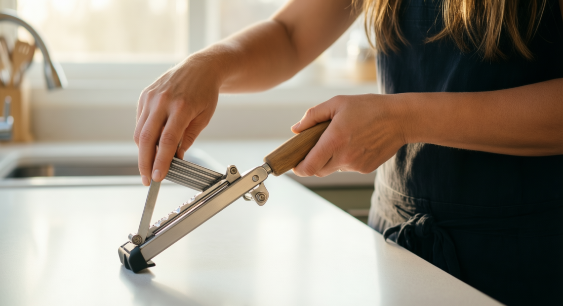 börner mandoline slicer v5 — lifestyle photo showing Börner by Reston Lloyd in use