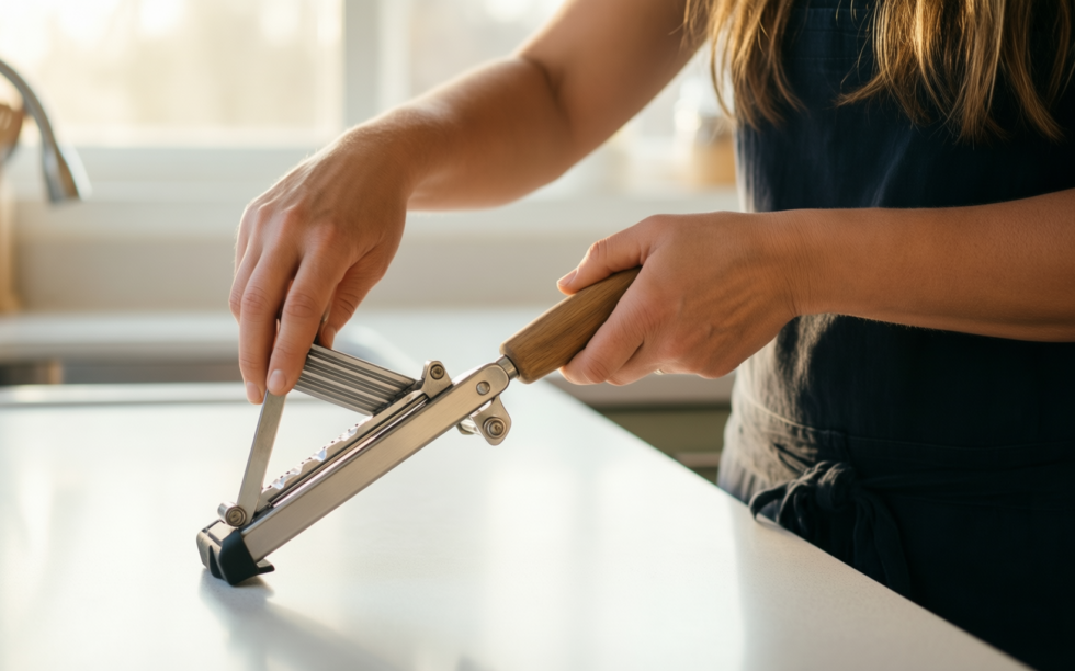 börner mandoline slicer v5 — lifestyle photo showing Börner by Reston Lloyd in use