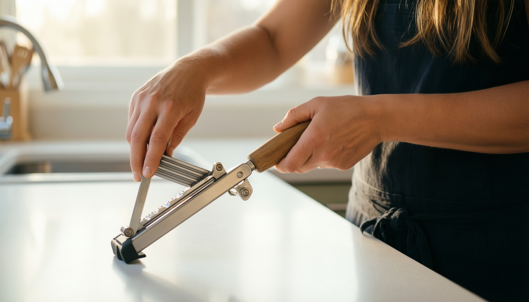 börner mandoline slicer v5 — lifestyle photo showing Börner by Reston Lloyd in use