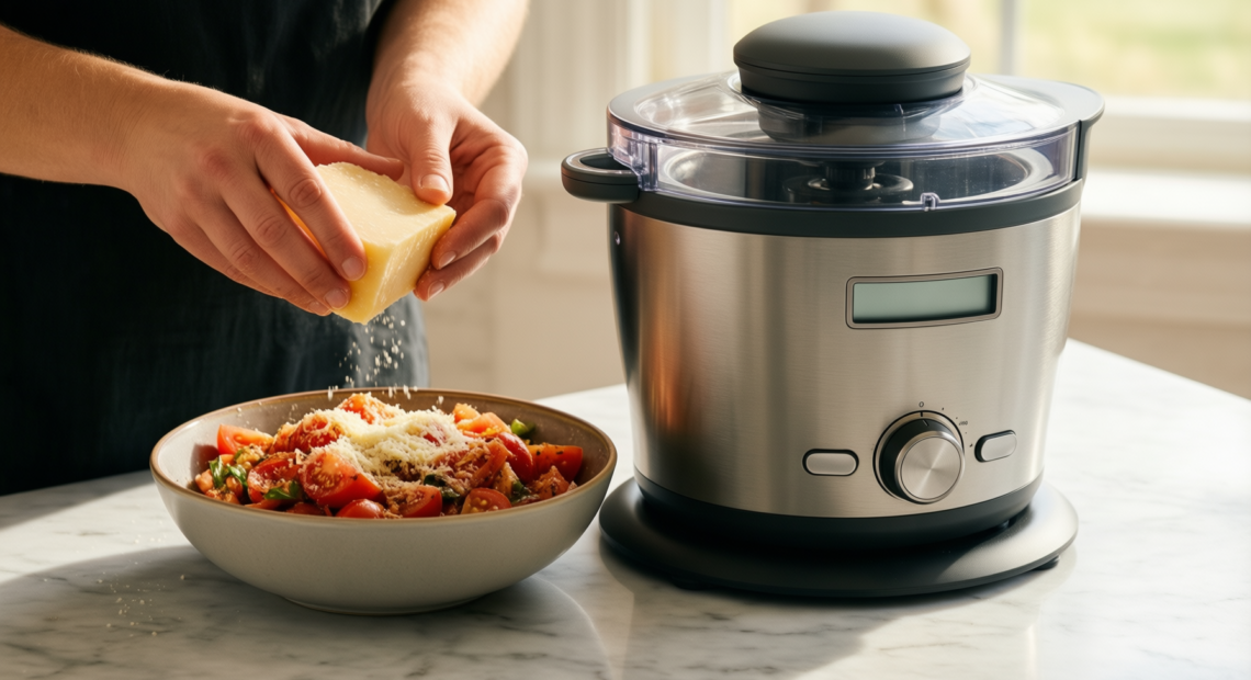 rotary cheese grater with suction base — lifestyle photo showing ZHANG XIAO QUAN SINCE in use