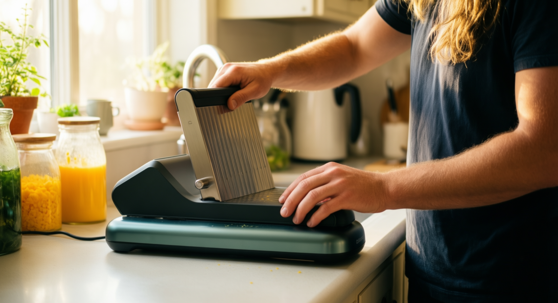 electric vegetable slicer and cheese grater — lifestyle photo showing Electric Vegetable Slicer & in use