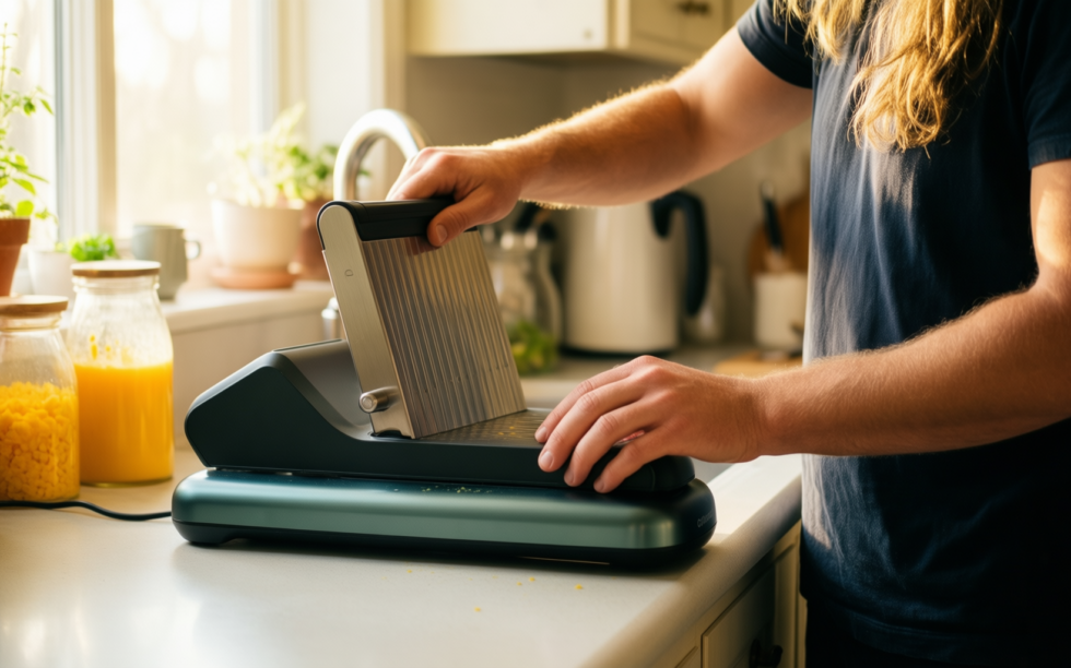 electric vegetable slicer and cheese grater — lifestyle photo showing Electric Vegetable Slicer & in use