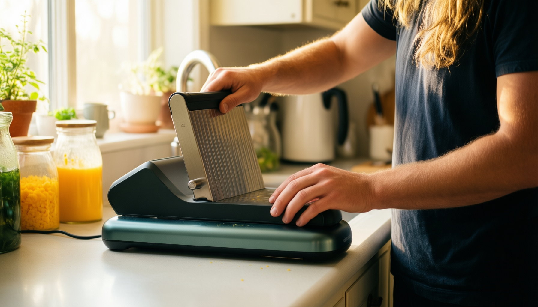 electric vegetable slicer and cheese grater — lifestyle photo showing Electric Vegetable Slicer & in use