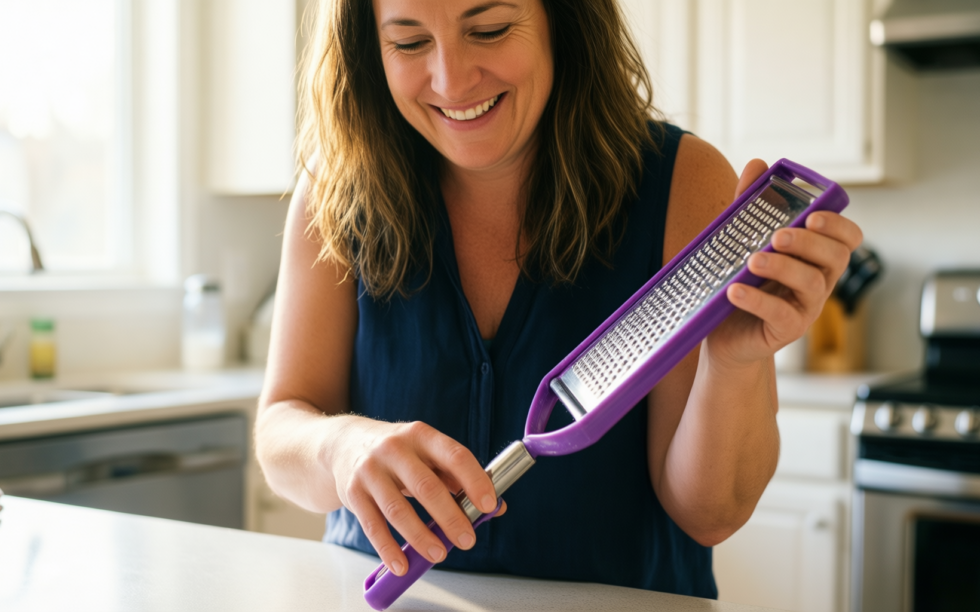 rotary cheese grater with replaceable blades — lifestyle photo showing Rotary Cheese Grater with in use