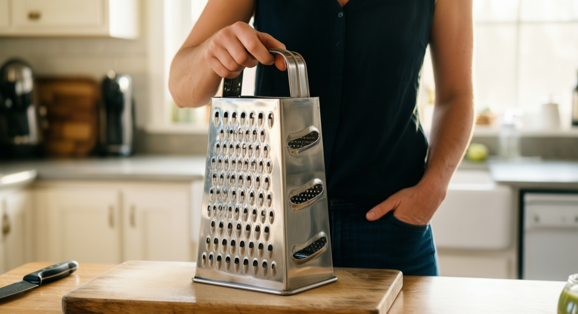 rosle stainless steel coarse grater — lifestyle photo showing Rösle Stainless Steel Coarse in use