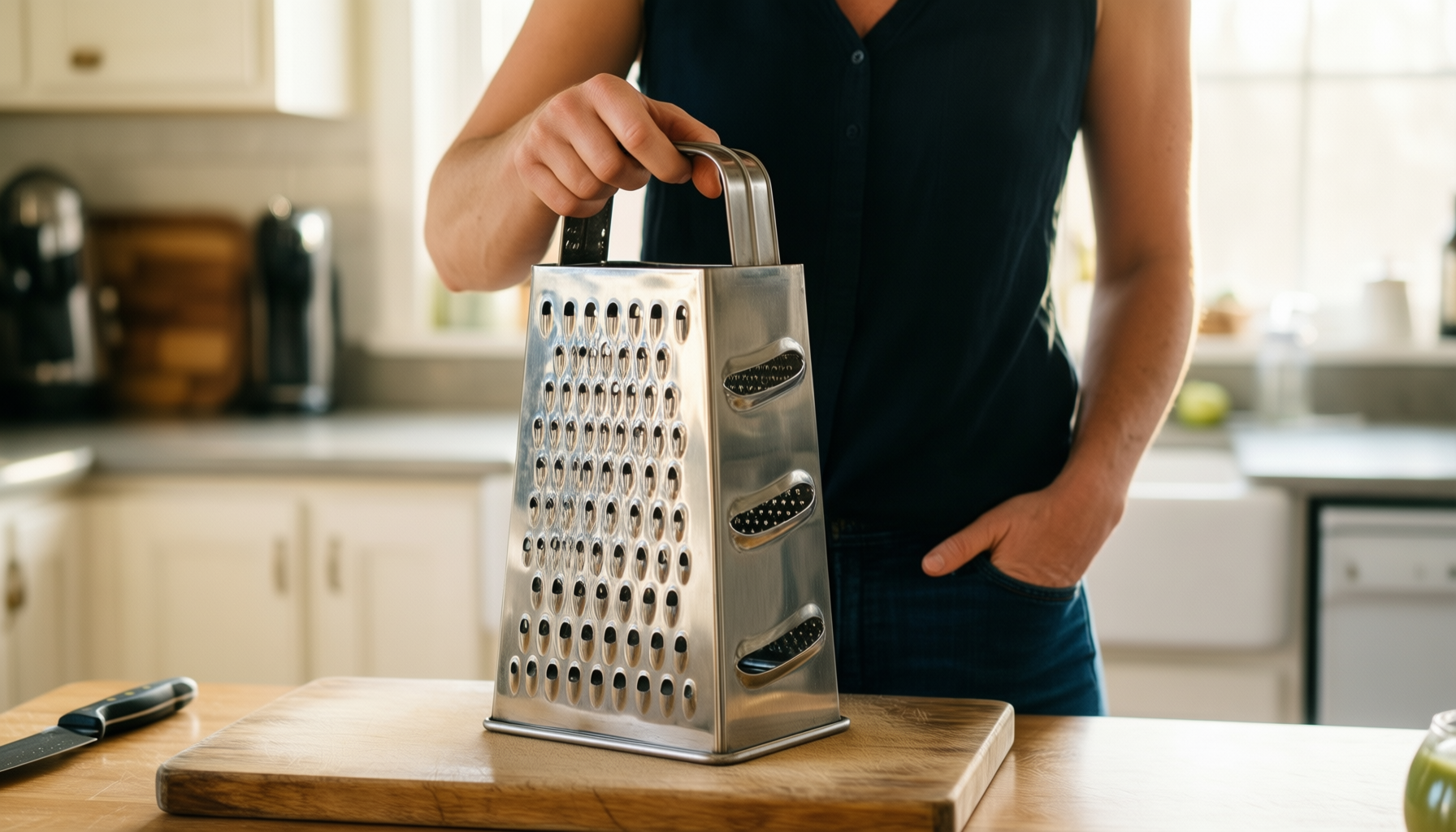 rosle stainless steel coarse grater — lifestyle photo showing Rösle Stainless Steel Coarse in use