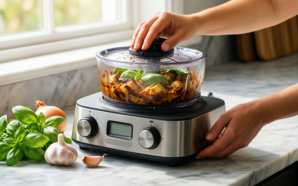 pampered chef cutting edge food chopper — lifestyle photo showing The Pampered Chef Cutting in use