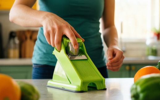 ourokhome mandolin vegetable slicer — lifestyle photo showing Ourokhome Mandolin Vegetable Slicer, in use