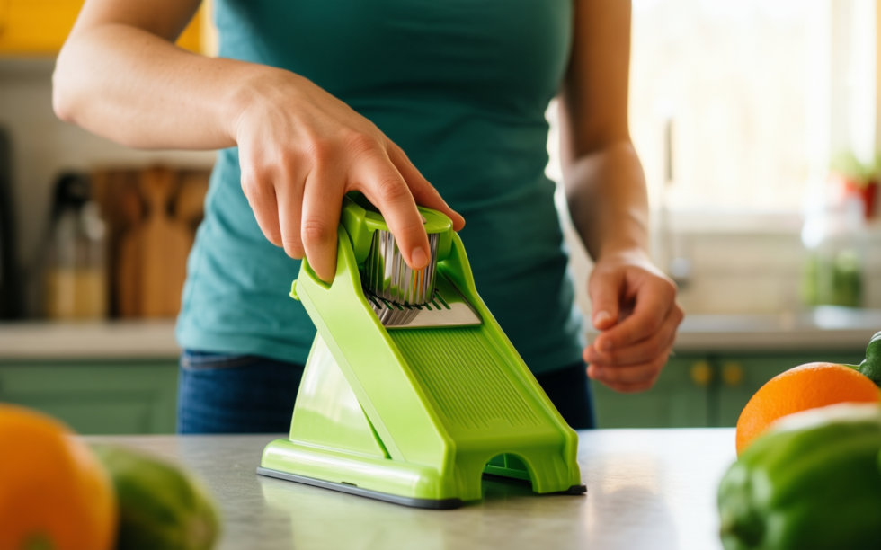 ourokhome mandolin vegetable slicer — lifestyle photo showing Ourokhome Mandolin Vegetable Slicer, in use