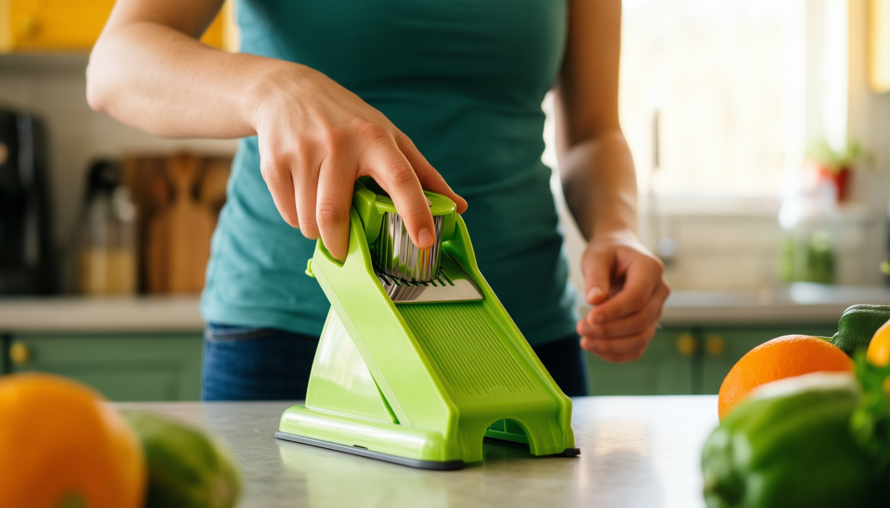 ourokhome mandolin vegetable slicer — lifestyle photo showing Ourokhome Mandolin Vegetable Slicer, in use