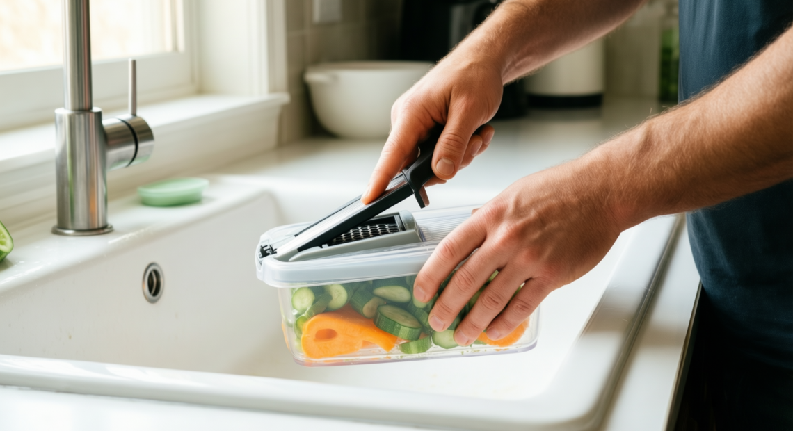 vegetable slicer with container — lifestyle photo showing Vegetable Slicer, Vegetable Cutter, in use