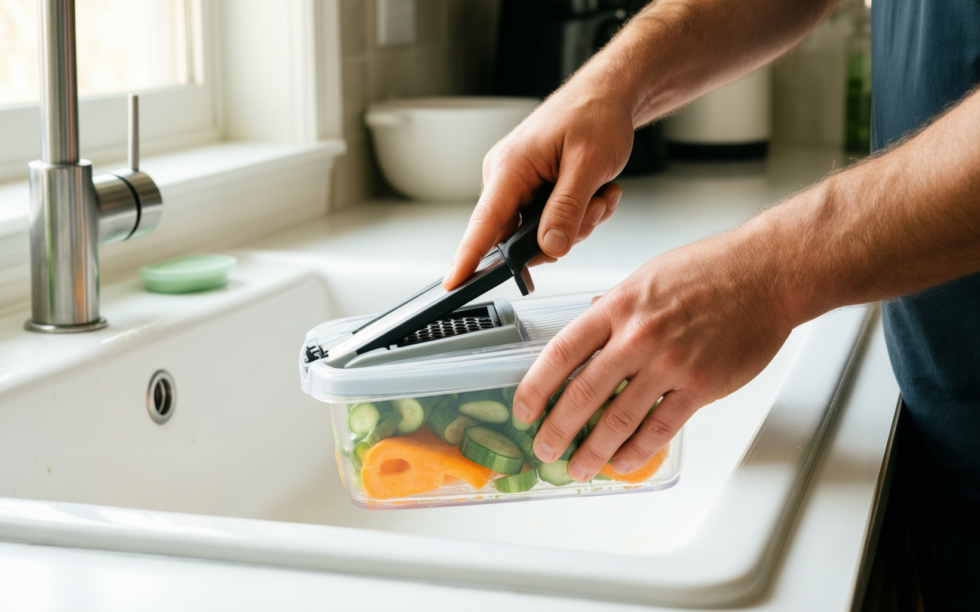 vegetable slicer with container — lifestyle photo showing Vegetable Slicer, Vegetable Cutter, in use