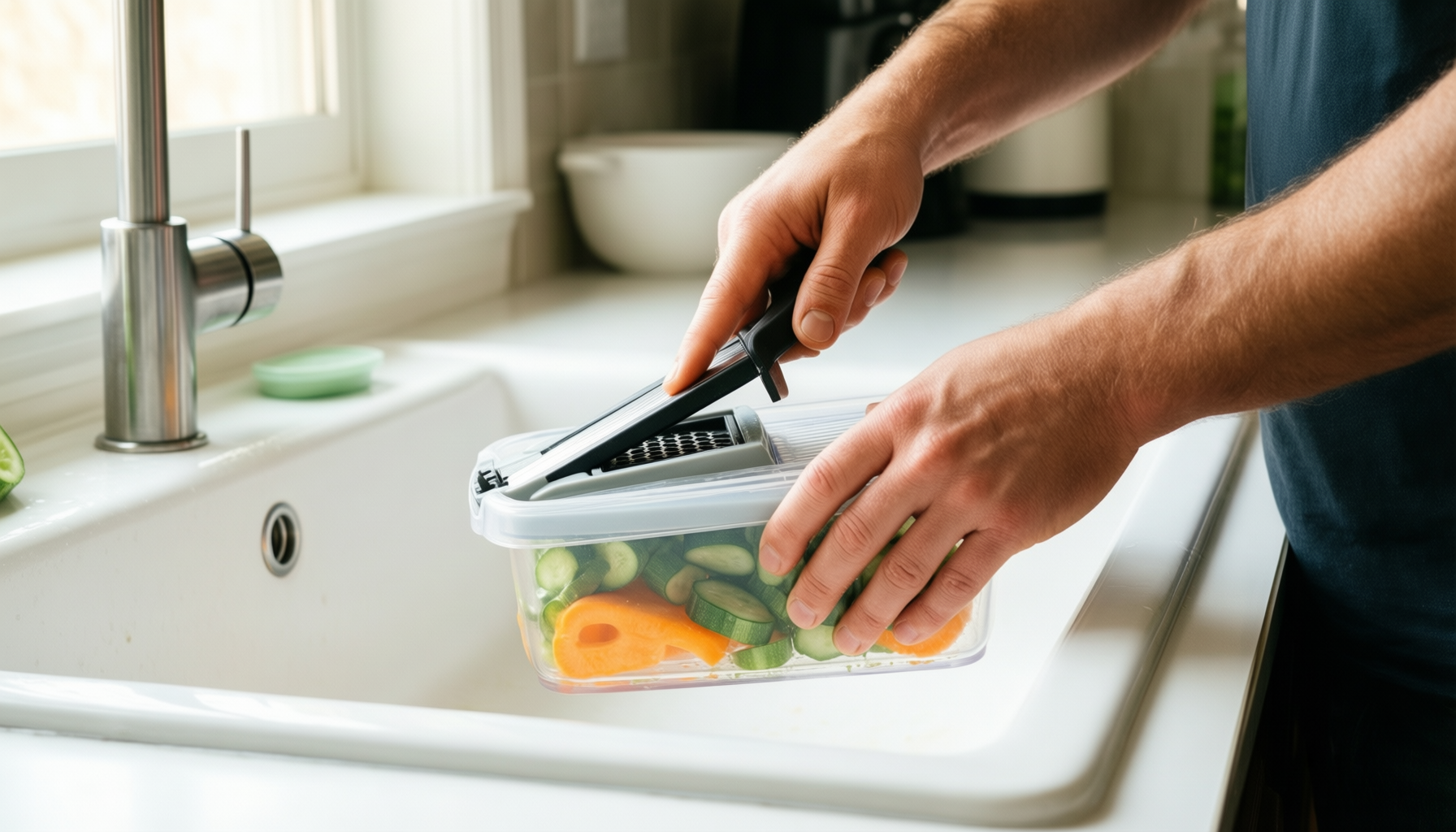 vegetable slicer with container — lifestyle photo showing Vegetable Slicer, Vegetable Cutter, in use